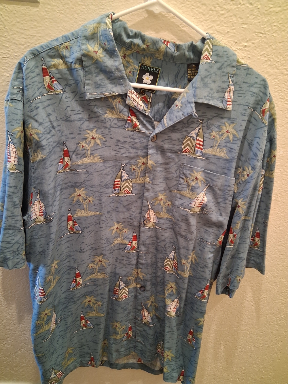 Aureus Silk Hawaiin Blue Sailboat Print Shirt Tropical Collard XL Sailing